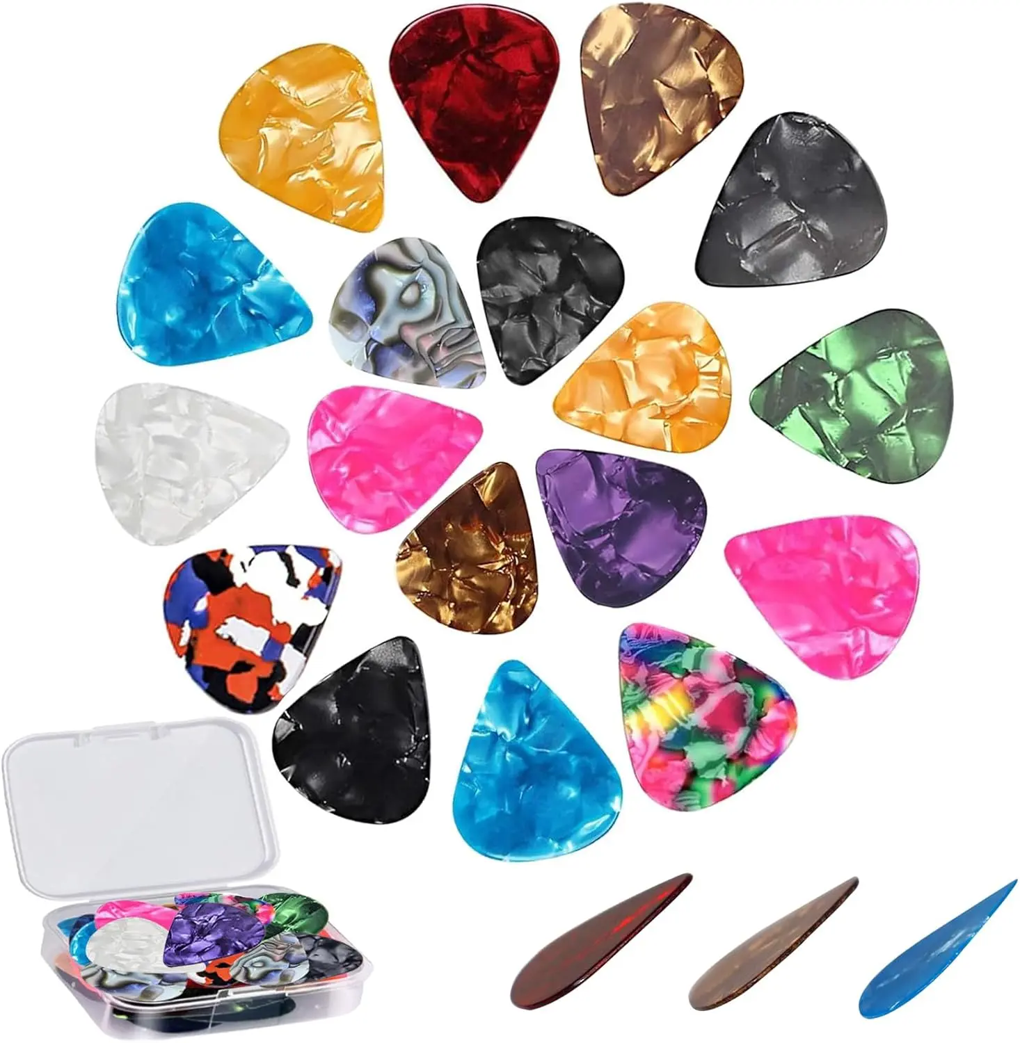 21 Pack Guitar Picks with Organizer Storage Box, 4 Different Thickness Colorful Celluloid Guitar Picks Plectrums for Acoustic Guitar, Electric Guitar, Bass, Ukulele