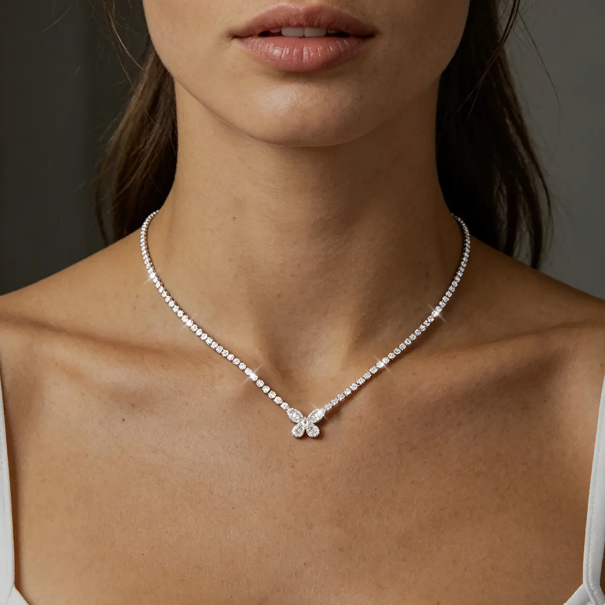 Women Dainty Tennis Chain Butterfly Necklace，Dainty Zirconia Cut Faux Diamond Chain，Give Friends Necklaces Jewelry Gifts