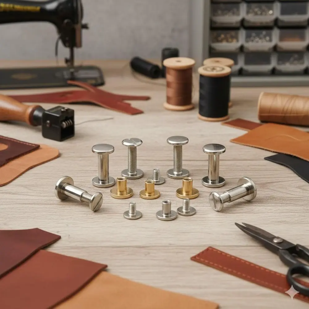 Professional Brass Binding Rivets Kit for Leather Craft: Heavy-Duty Industrial Fasteners, DIY Repair Parts for Belts, Wallets, Albums, Desk Calendar & Menu Fixing, Precision Metal Reinforcement Set, Leather Working Tools