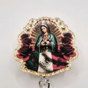 Our Lady of Guadalupe Virgencita with Red Rosas Glitter Acrylic Retractable Badge ID Reel Belt or Alligator Clip creative badge holder