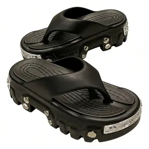 Women Men Chunky Platform Sandals Edgy Metal Detail Height Boost Comfy Black Slides for Daily OOTD Street Style Flatform Vibe