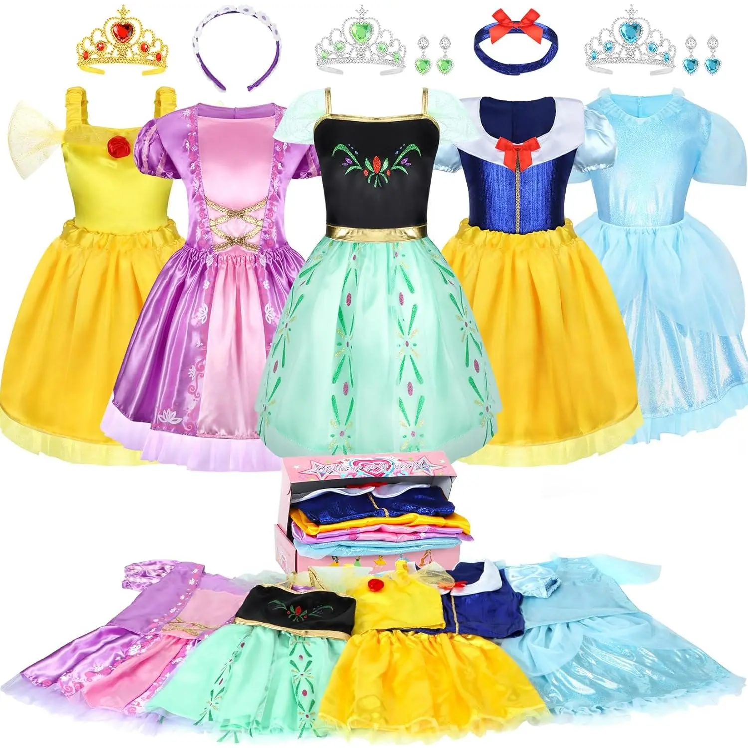 Little Girls Princess Dress Up Clothes, Value Gift Set with 5 Role Play Party Costumes in Soft Fabric, Includes Accessories & Storage Box for Toddlers, Party Costume, Cosplay, Great Value, Soft, Breathable, Durable Fabrics, Holiday Performances