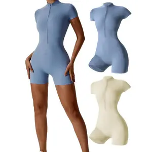 Women’s minimalist solid-color zip sports romper — basic, comfortable, short-sleeve mock neck bodycon? Jumpsuit, Women's Sportswear for Indoor and Outdoor Use