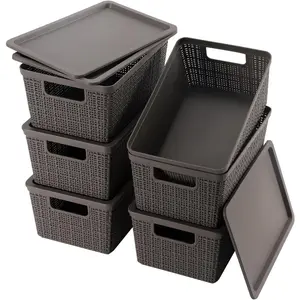 6 Pack Plastic Storage Baskets With LidsGrey Breathable Stackable Storage Bins Small Storage Containers for Organizing Storage Baskets on Desktops Closets Playrooms Classrooms Offices