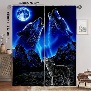 2 Panel Set, 3D Wolf Howling Under the Moon Blackout Curtains, 41.3inch x 90.5inch Thermal Noise Reduction Curtains, UV Resistant Polyester Fiber Pocket Light Filtering, Suitable for Bedroom and Living Room Decoration, Bedroom Curtains