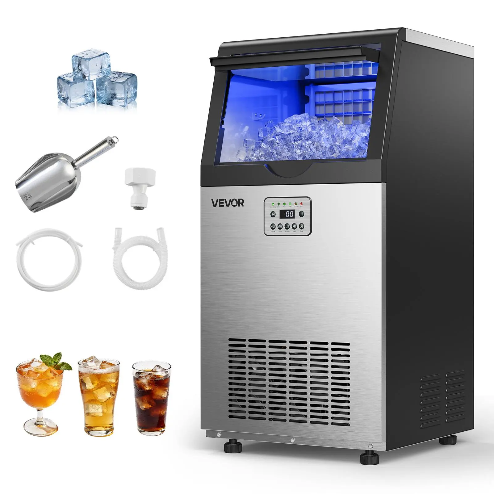 【Backtoschool】VEVOR Commercial Stainless Steel Ice Maker Machine, 100 lbs/24h Production, 30 lbs Storage, Built-in/Freestanding/Under Counter, LED Display, Self-Cleaning, Adjustable Thickness, ETL Certified, with Scoop, for Home Bars, Restaurant, Ice Scoo