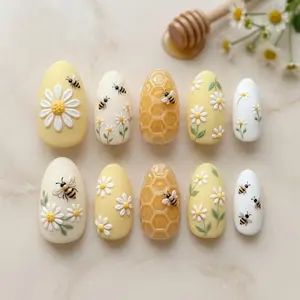 Honey Bee 3D Daisy Flower Nail Art, Yellow Bumble Bee Fake Nails, Cute Garden Nails, Honeycomb Glue On Nails Nail Art Kit Nail Box summervibes