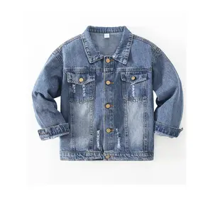 Classic Ripped Denim Jacket Boys and Girls (5-14 Years) Button Collar Design Simple Casual Ripped Elements Trendy and Stylish Denim Fabric Durable and Wear-resistant Suitable Spring and Autumn Wear Alone or Layered in Autumn and Winter