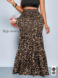 Plus Size Christmas Women's Clothing Elegant Leopard Print High Waist Long Skirt, Plus Size Women's Fall Fashion, Fitted Woven Fabric, Modest Style