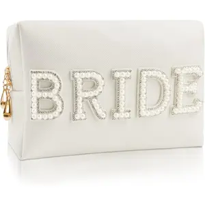 Bride Patch Letter Makeup Bag for Women, White Pearl Rhinestone Travel Toiletry Bag, Large Capacity Make Up Bag Pouch for Purse, Bride Bridesmaid Engagement Gift for Engagement Wedding