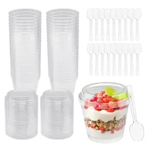 50 PACK Mini 7oz Round Clear Plastic Dessert Party Cups With Lids And Spoons, Perfect For Puddings, Fruit Mousses, Yogurt, Ice Cream, Spring, New Year's, Easter, Mother's Day, Valentine's Day Party Cups