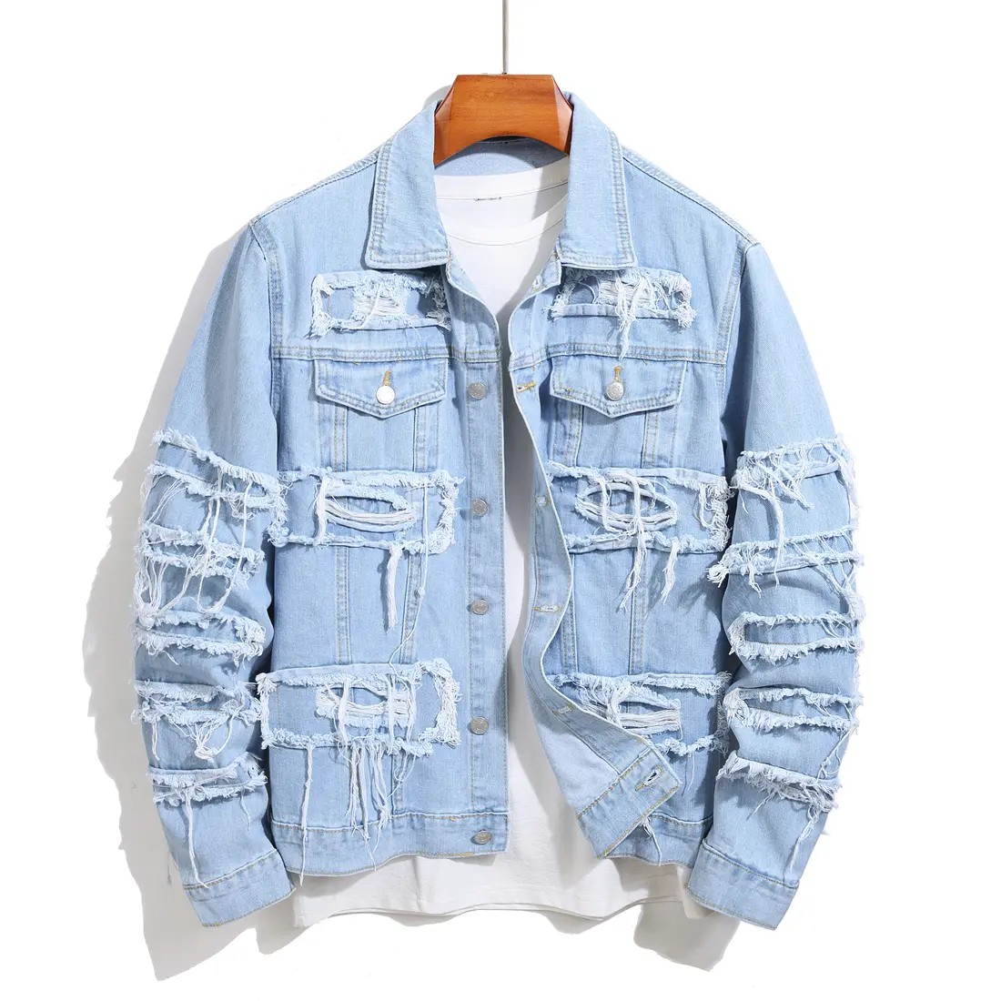 SRETOUU New Men Denim Jacket Stylish Street Style Distressed Splicing Ripped Male Slim Casual Jean Jacket Coat Streetwear Blue