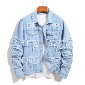 SRETOUU New Men Denim Jacket Stylish Street Style Distressed Splicing Ripped Male Slim Casual Jean Jacket Coat Streetwear Blue