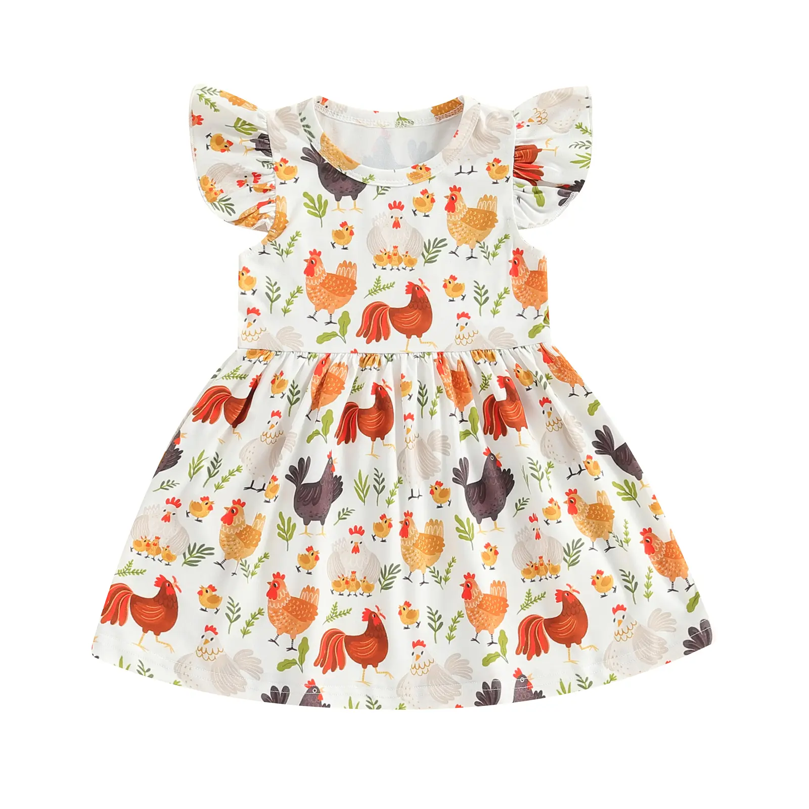 Ma&Baby Toddler Baby Girl Summer Dress Chicken Print  Ruffle Sleeve A-line Dress Farm Animal Outfit