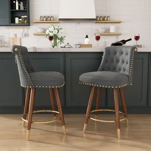 Counter Height Bar Stools, 360° Swivel Bar Stools, Upholstered Barstools with Back and Footrest for Kitchen Island, 24" H Seat Height, Solid Wood Legs