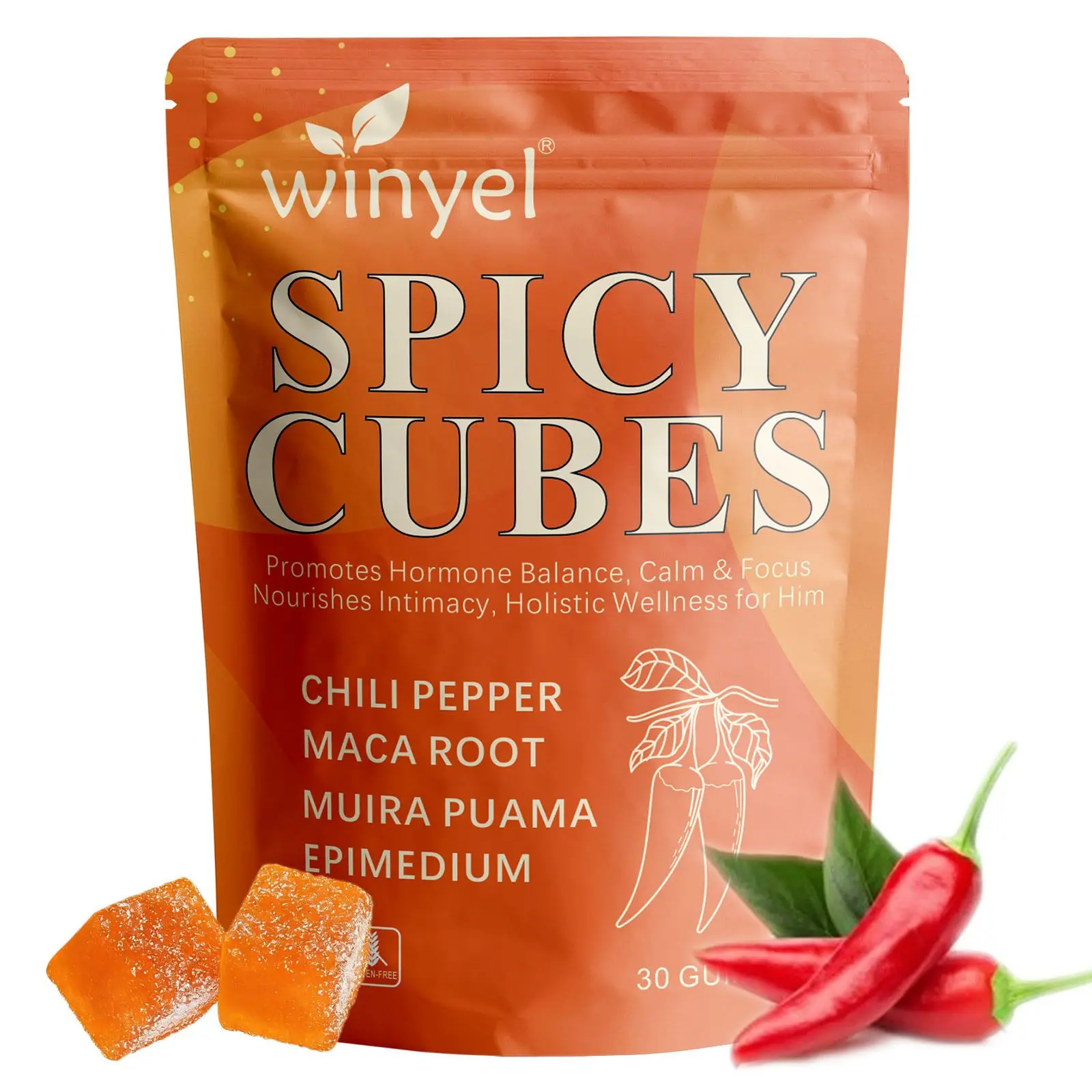 Spicy Cubes, Intimacy Gummies with Chili Pepper, Muira Puama, Maca Root, Epimedium, Helps Promote Hormone Balance, Calmness and Intimacy Wellness, Peach Flavor, 30 Gummies