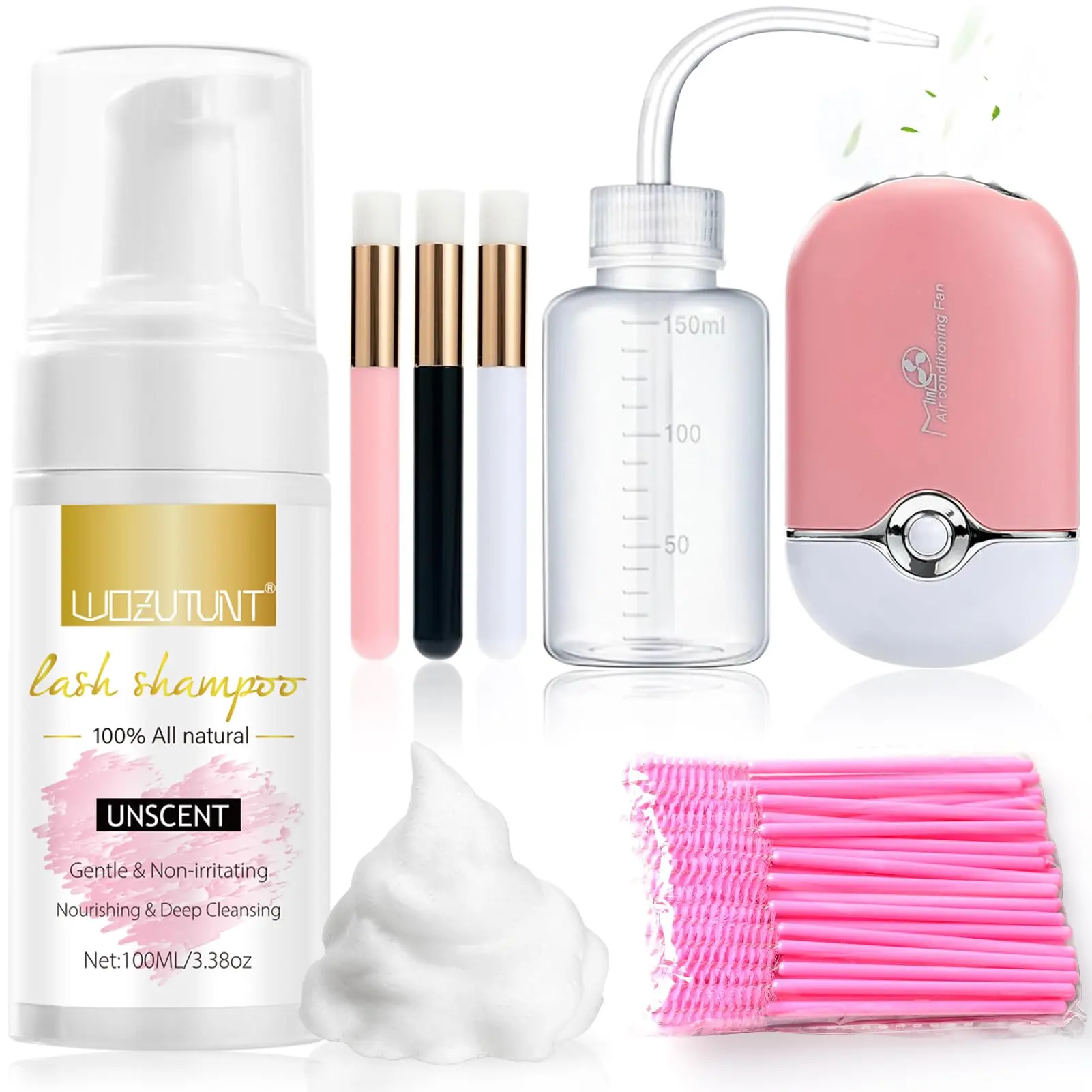 3.38oz Eyelash Extension Cleanser - Lash Mousse Shampoo, Lash Brushes, Cleanser Brush, Wash Bottle for Lash Extensions Makeup Remover Nourishing Daily
