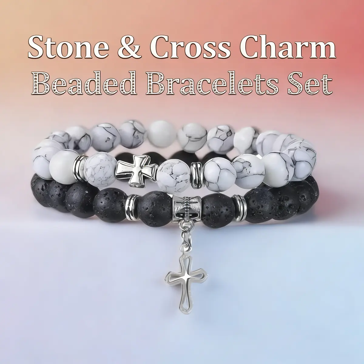 Handmade Beaded Bracelets Set - Alloy, Natural Lava Rock & Turquoise, Cross Charm, Durable Elastic Rope, 7-7.5 Inches Cord, Unisex Stackable Costume Jewelry for Engagement Gift, Stackable Jewelry, 1 Set, 8Mm Beads