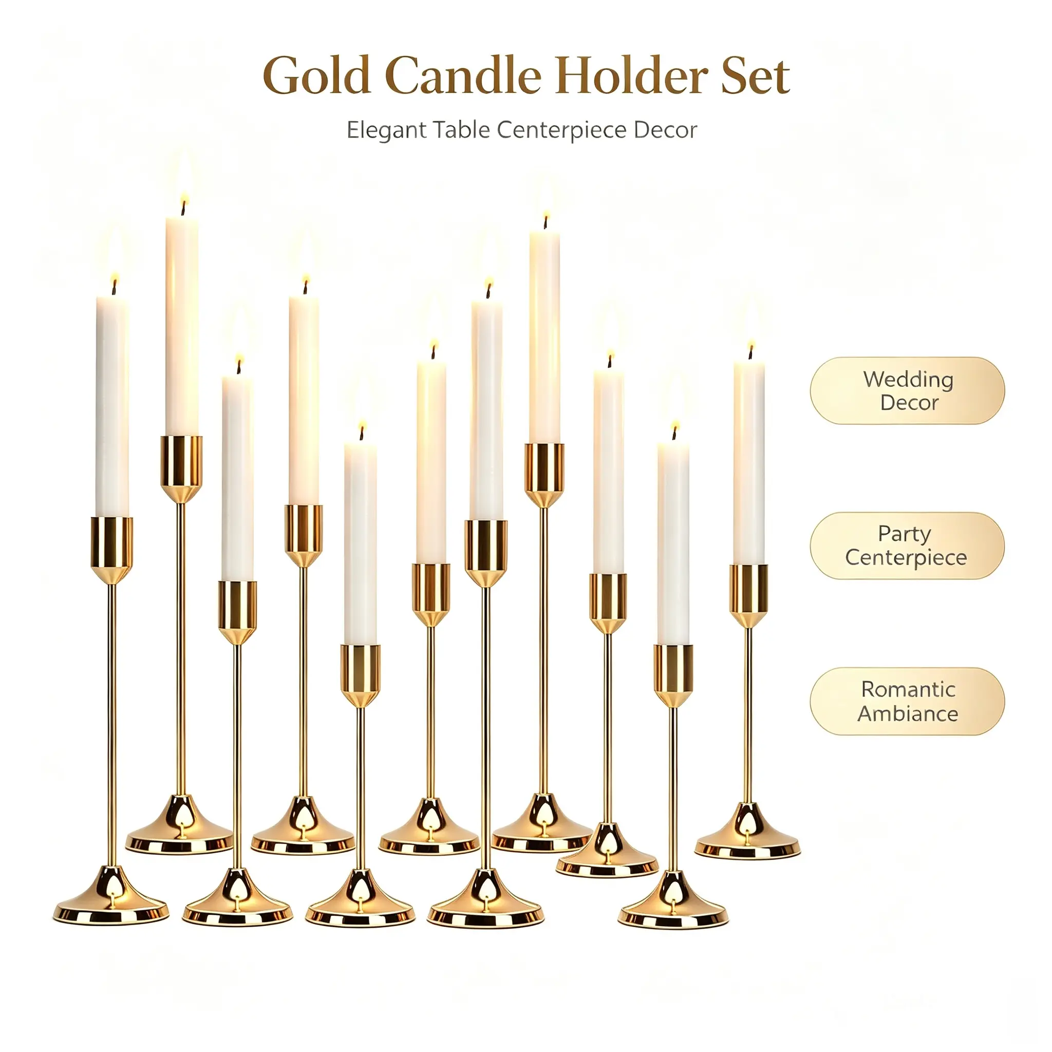 Gold Metal Taper Candlestick Holders (12-Piece), Slim Modern Minimalist Table Centerpieces for Wedding, Home Decor, Candles Not Included