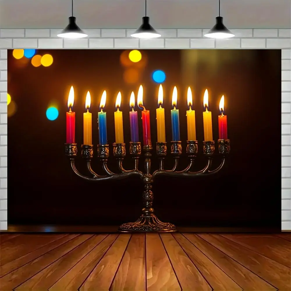 9-Holder Hanukkah Menorah Tealight Holder Decor - Vibrant Blue, Green, Yellow, Orange, Red, Pink, White - Polyester Fabric Background Ornament - Ideal for Indoor, Outdoor Home Celebrations