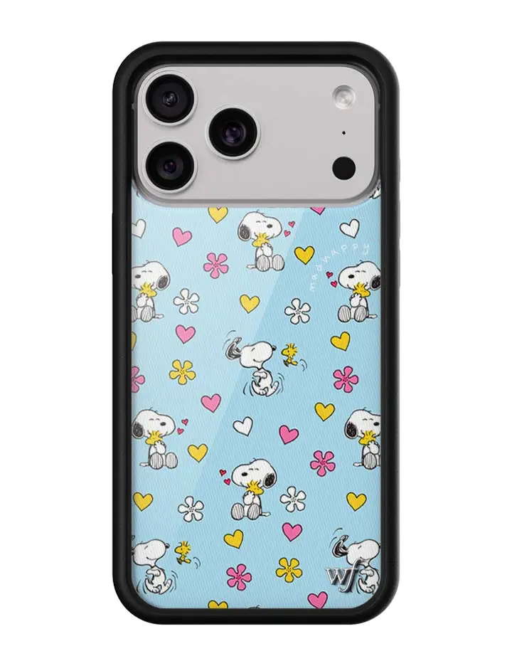 MH x Snoopy Collab | Limited Edition Trendy Collab iPhone Case | Raised Protective Black Bumper | Women Owned Small Business | Baby Blue Background Yellow and Pink Hearts and Flowers Snoopy and Woodstock | Safety Casing Protective | Gift for Her