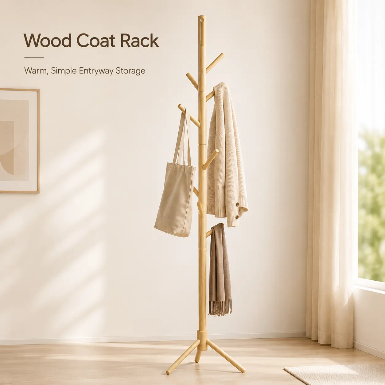 Natural Solid Wood Clothes Hanging Rack - Minimalist Rustic Slim Tree Coat Storage, Easy Assembly, Sturdy Freestanding, 8 Multi-Hooks, 172cm Tall Entryway Organizer with Triangular 3-Leg Base for Bags/Hats, Hanging Clothes Display (Fits Entryway,Bedroom)