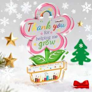 1pc, Christmas Thanks Gift To Teacher, Thank You for Helping Me Grow, Flower and Flower Pot Pattern Acrylic Desktop Decor, Home Decor, Home Office Decor, Birthday Art Craft Ornament Gift, Party Decor