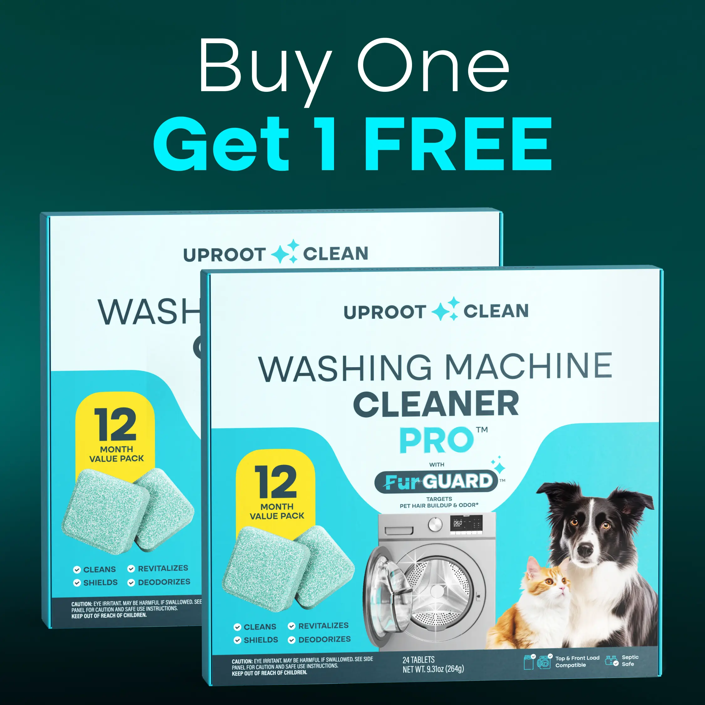 Uproot Clean Pet Home Washer Maintenance Tablets - Enzyme Deep Clean & Deodorizer - Compatible with All Washers, Septic Safe - Buy One Get One FREE