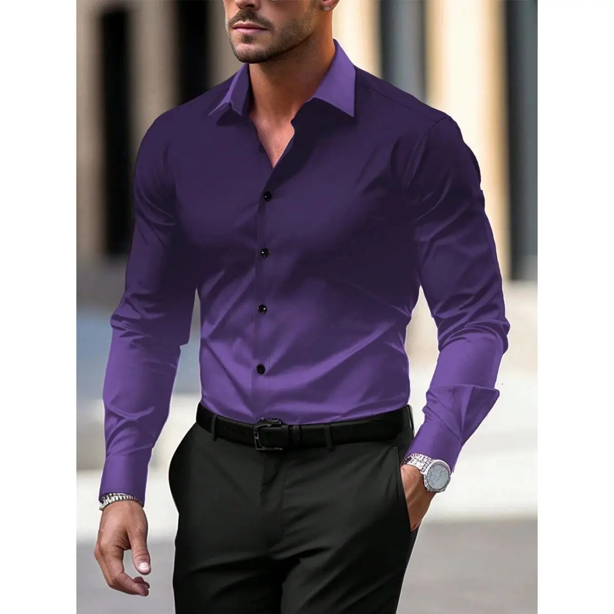 Men's Shirt, Long Sleeve Purple Ombre Print, Business Style Regular Fit Button-Down Top with Slight Stretch Polyester Fabric, Menswear, Longsleeves, Hem