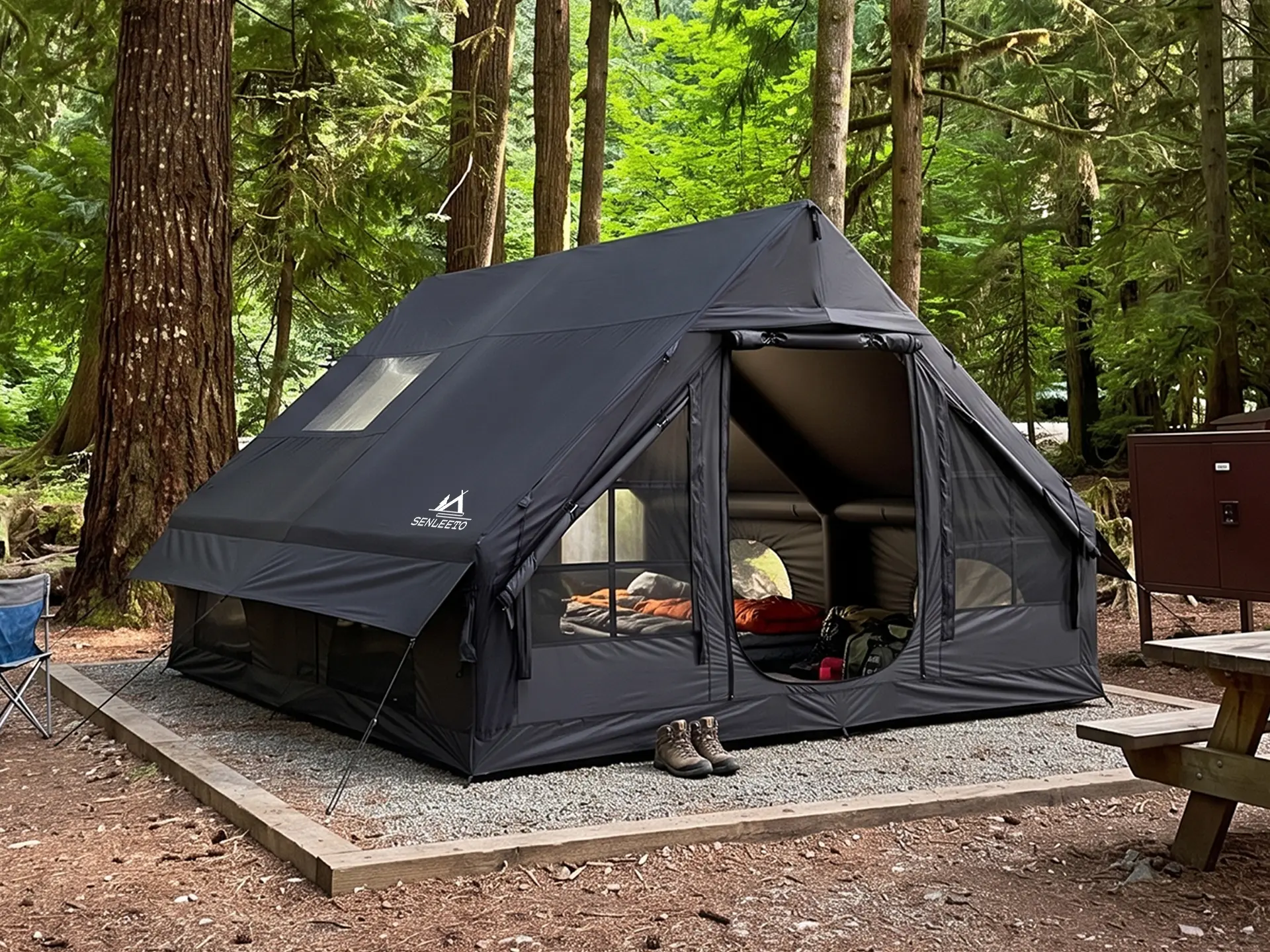 SENLEETO Luxury Inflatable Cabin Tent - Easy Setup Inflatable Tents with Stove Jack, AC Ports, Windproof, 4-Season Weather-Resistant Warm Outdoor Glamping Shelter for Families