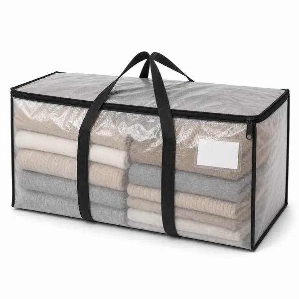 Extra Large Semi-Transparent Zippered Moving & Storage Bag, 23 Gal Foldable 180 GSM Woven PE Organizer with Black Full-Wrap Carry Handles & Label Card for Home, Dorm