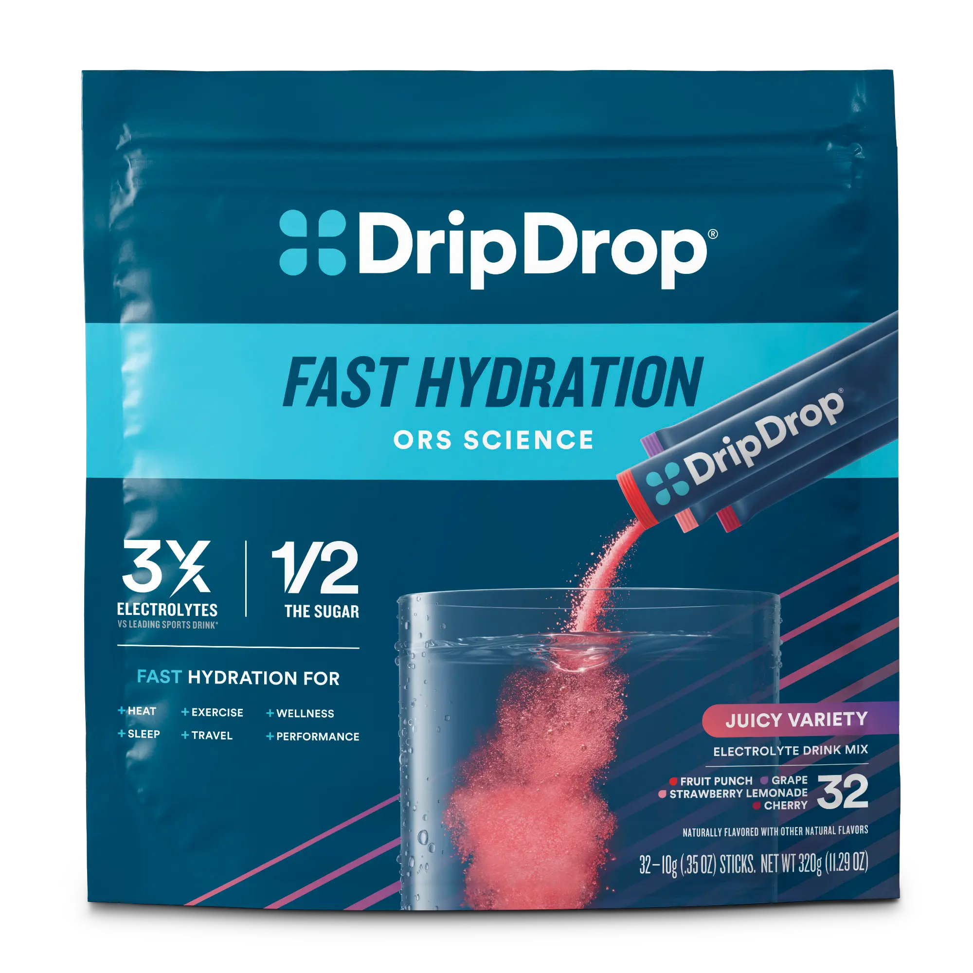 DripDrop Juicy Variety Pack Electrolyte Powder, 8 oz sticks, 32 count DripDrop Juicy Variety Pack Electrolyte Powder, 8 oz sticks, 32 count