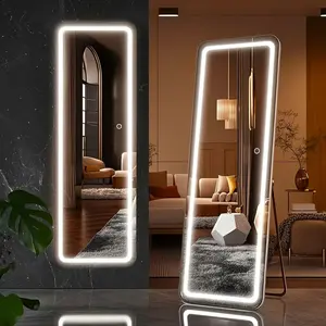FathersDayGifts 64"x21" Full Length LED Mirror with StandDimmable 3-Color LightsShatterproof Glass, Aluminum Frame Modern Bedroom DecorVanity Lighting