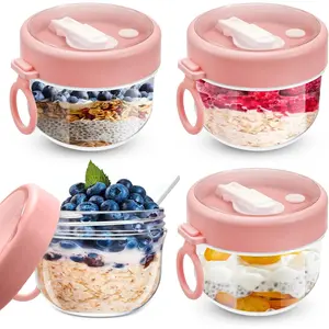 4 Pcs Overnight Oats Container with Lids and Spoons, 20 oz Plastic Overnight Oats Jars Large Capacity Airtight Yogurt Container for Milk, Fruit, Cereal and Salad Storage (Pink)