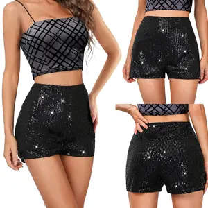 Women's Sequin Sparkle Elastic High Waist A Line Party Concert Shorts Mid Waist Band Sparkly Straight Leg Shorts Glitter Hot Pants for Party