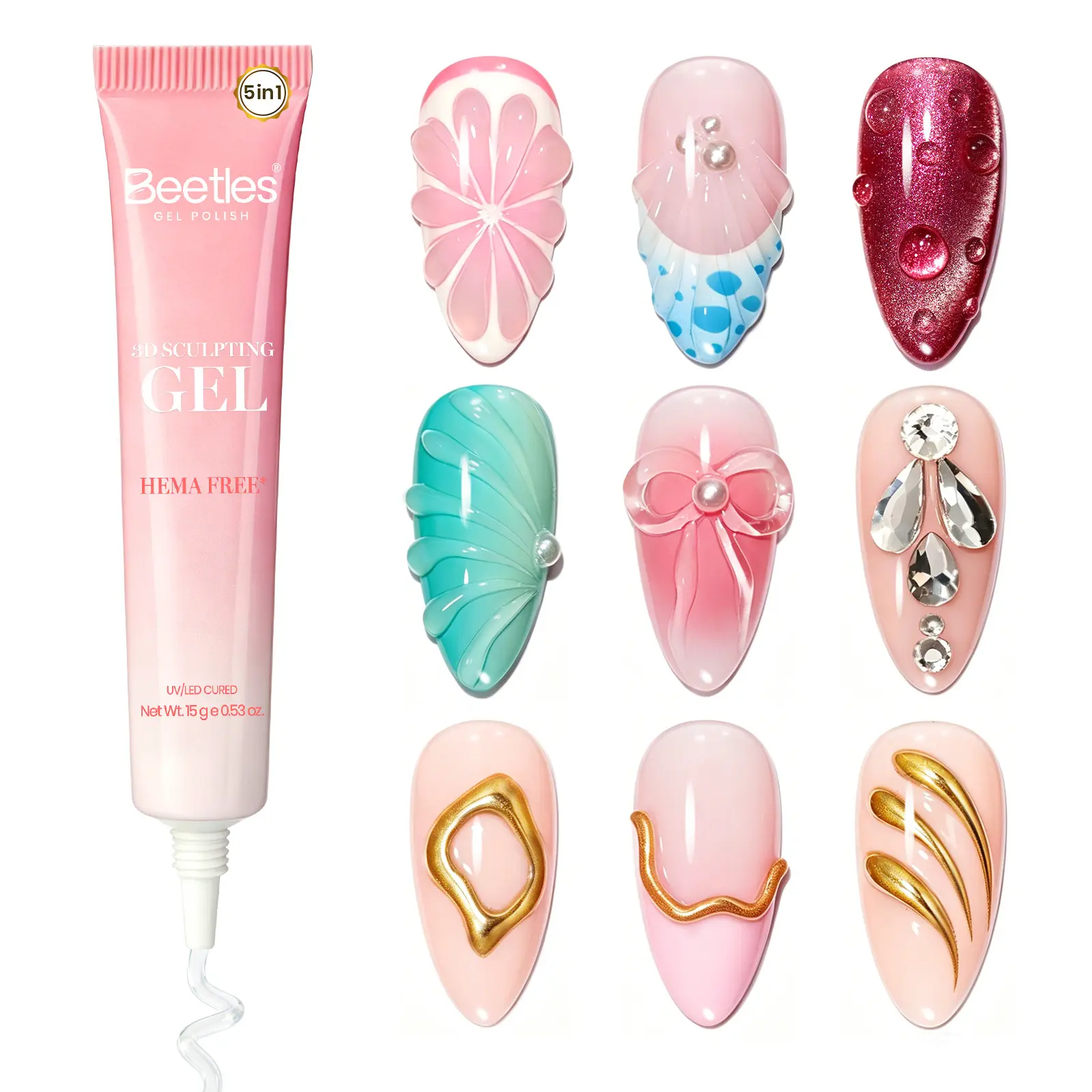 Beetles 15g 5-in-1 Sculpting Gel for Nails, HEMA-Free No Wipe Clear Gel for 3D Nail Art, Nail Charms, Rhinestones, Chrome Powder & Molding, UV/LED Lamp Required
