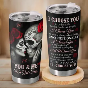 Gothic Sugar Skull Couple 20oz Stainless Steel Tumbler - I Choose You Romantic Poem - Skeleton Kiss Insulated Travel Cup - Anniversary Valentine's Day Gift