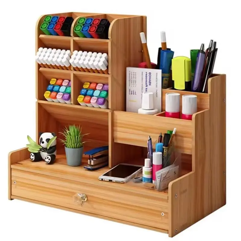 Large Wooden Desk Organizer with Drawer - Multi-Function Desktop Stationery Storage Rack Pen Holder Makeup Organizer Office Supplies Tidy Box for Home Office School Study Desk