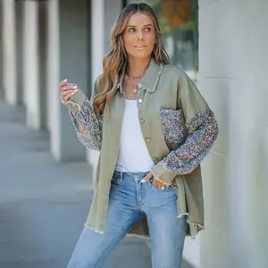 ChicMe Women‘s Casual Jacket Sequin Patchwork Long Sleeve Jacket Top Button Front Raw Hem Oversized Denim Shacket
