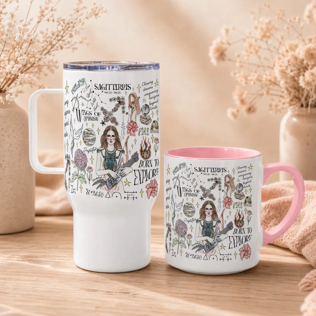 12 Zodiac Mug and Tumbler, Astrology Coffee Cup, Horoscope Travel Mug Gift, Pink Accent Ceramic Mug for Sagittarius Women and Men