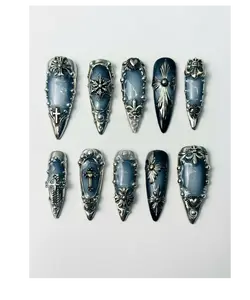 Press On Nails Silver Gothic Cross Black Chrome 3D Embellished Nail Set