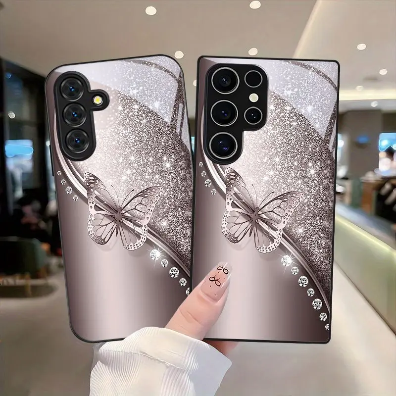 Silver shimmering butterfly rhinestone pattern, white gloss glass phone case, compatible with Samsung S25, 24, 23, 22, 21, 20 FE/Plus/Ultra, A03S/05S/05/06/14/15/16/23/24/25/26/32/34/35/36/51/52/53/54/55/56/71, Note20 and other series models., Butterflies