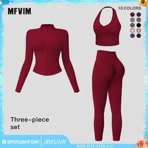 MFVIM Women's Solid Criss Cross Crop Tank Top High Waist Leggings Zip Up Crop Jacket Tracksuit Set Breathable Comfortable Yoga Workout Gym Athletic Activewear Textured Sweatsuit Thermal Lined Sports