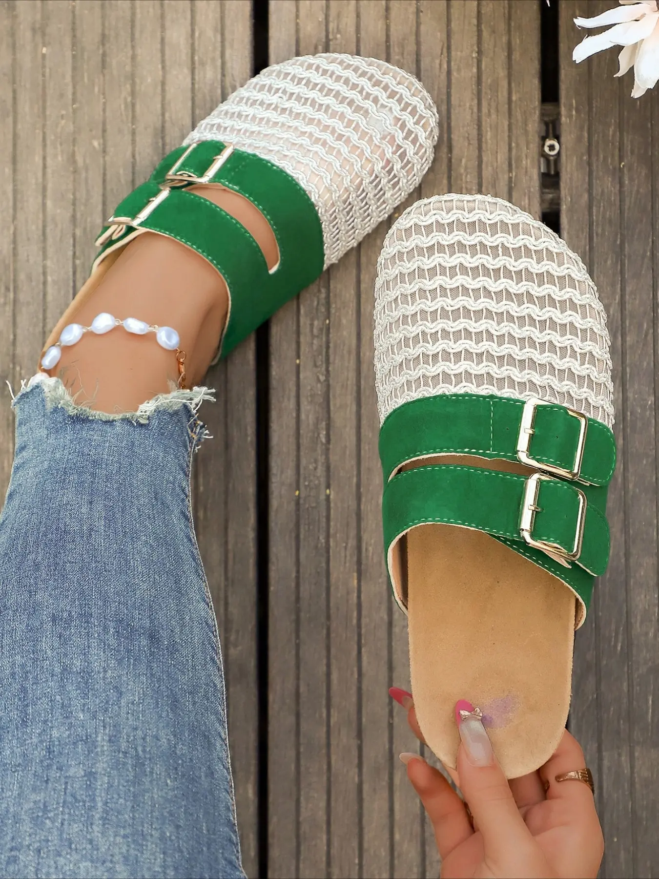 Retro color-blocked mesh headband half-slippers with double buckles, casual leisure sandals. 2026 cross-border bestseller for women’s shoes Indoor Barefoot Summer Slippers, Flat Slippers, House Slippers
