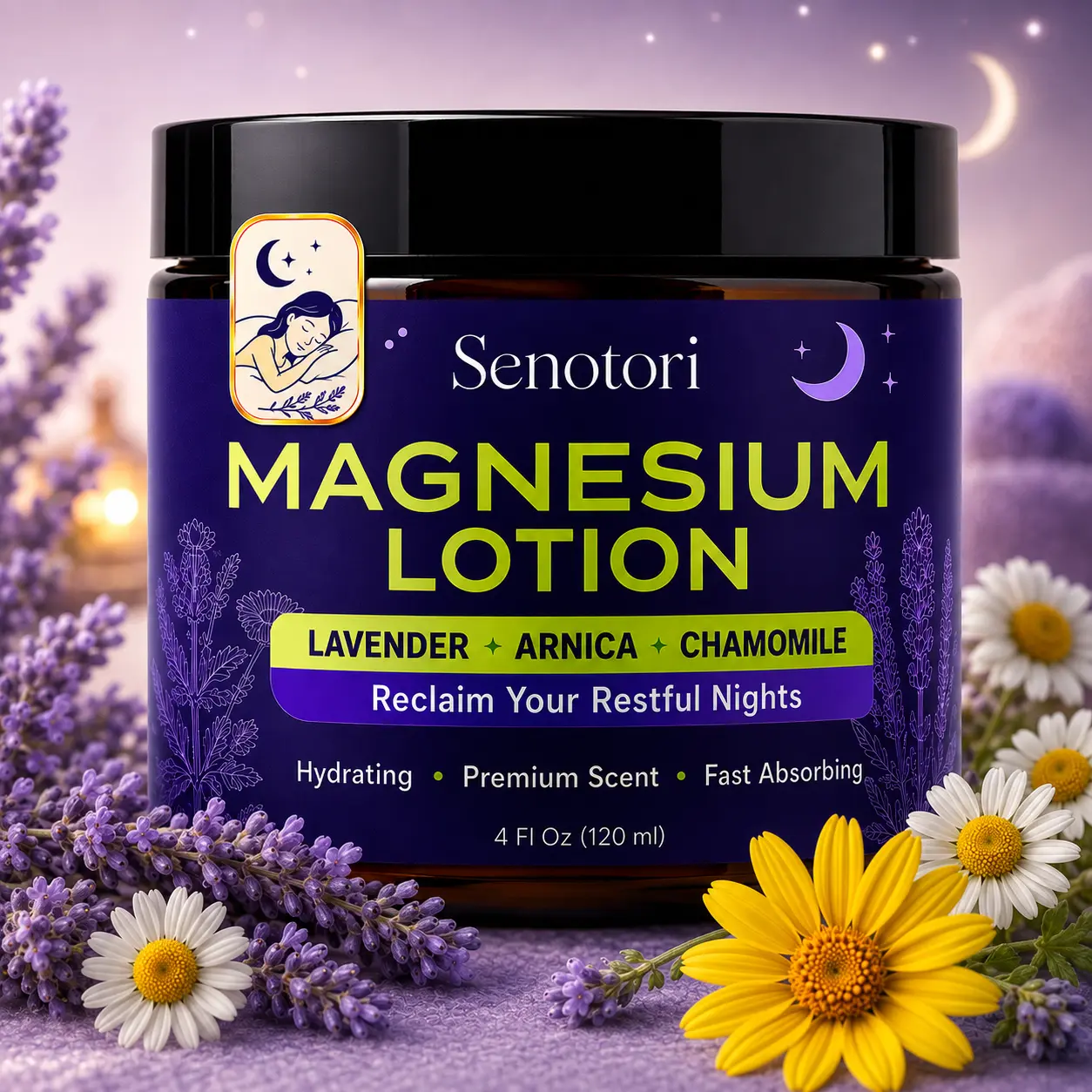 Senotori Magnesium Lotion for Body & Feet, Soothing Blend with Lavender, Arnica & Chamomile, Daily Moisturizer for Sensitive Skin, Relaxation Gift, 4 oz