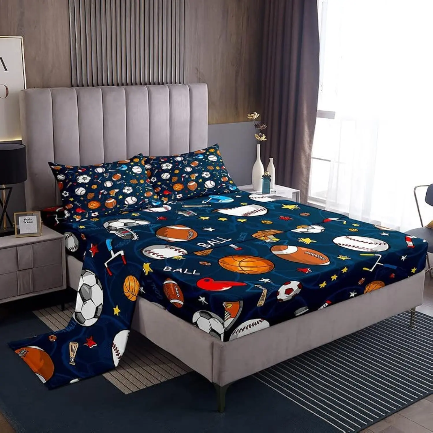 Feelyou Sports Theme Luxury Microfibre Bedding Set - 3D Blue Baseball & Football Print Bedsheets Set, Transpirable, Easy-Care, Breathable, Durable, Deep Pockets, Machine Washable, Multi-Size (Incl. King, Queen)