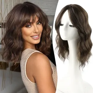 12 Inch Hair Toppers for Women with Thining hair, 360 °  3D Hair Topper Pieces for Women Synthetic Curly Wavy Wispy Clip in Bangs Mix Brown Wig Shaggy Wig