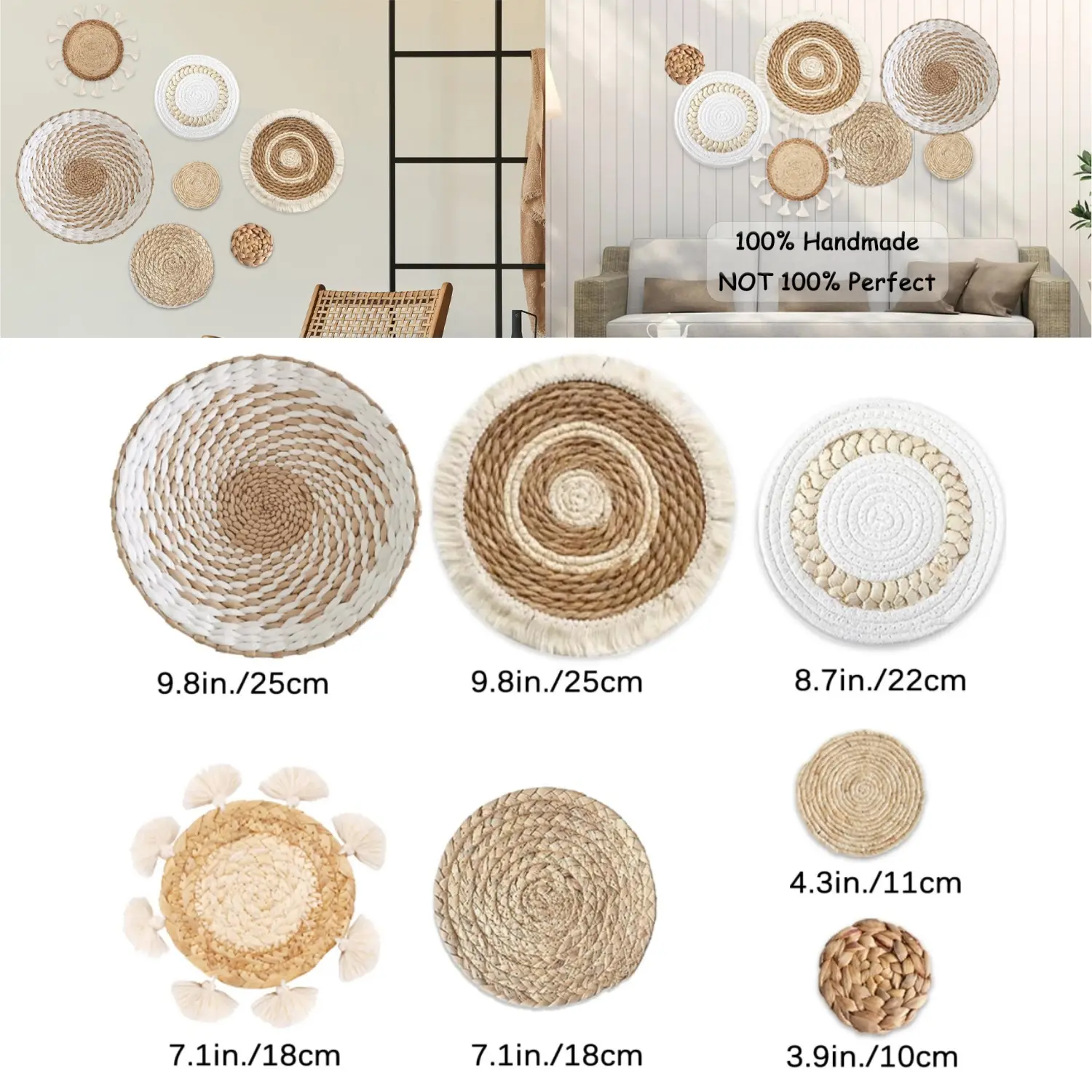 7PCS Boho Wall Basket Decor - Handmade Wicker Hanging Wall Basket Decor, Rustic Farmhouse Style Minimalist Wall Art, Elegant Round Flat Basket For Bedroom Room Living Room Entryway Wall Decor