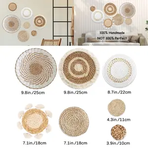 7PCS Boho Wall Basket Decor - Handmade Wicker Hanging Wall Basket Decor, Rustic Farmhouse Style Minimalist Wall Art, Elegant Round Flat Basket For Bedroom Room Living Room Entryway Wall Decor