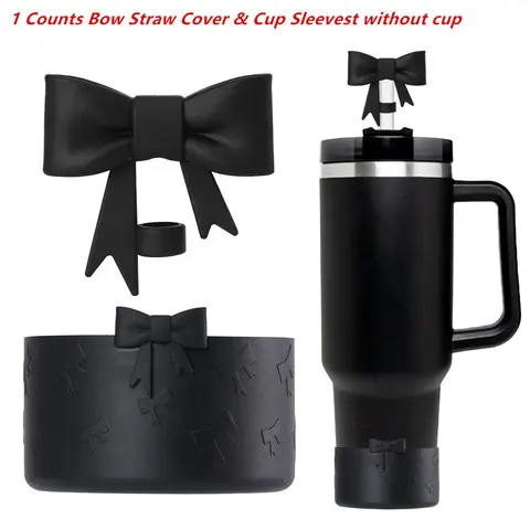 Cute Bow Decor Silicone Straw Cover & Cup Cover, 1 Set Anti-slip Straw Cover & Cup Cover, Drinkware Accessories for 30/40oz Tumblers, Bottles